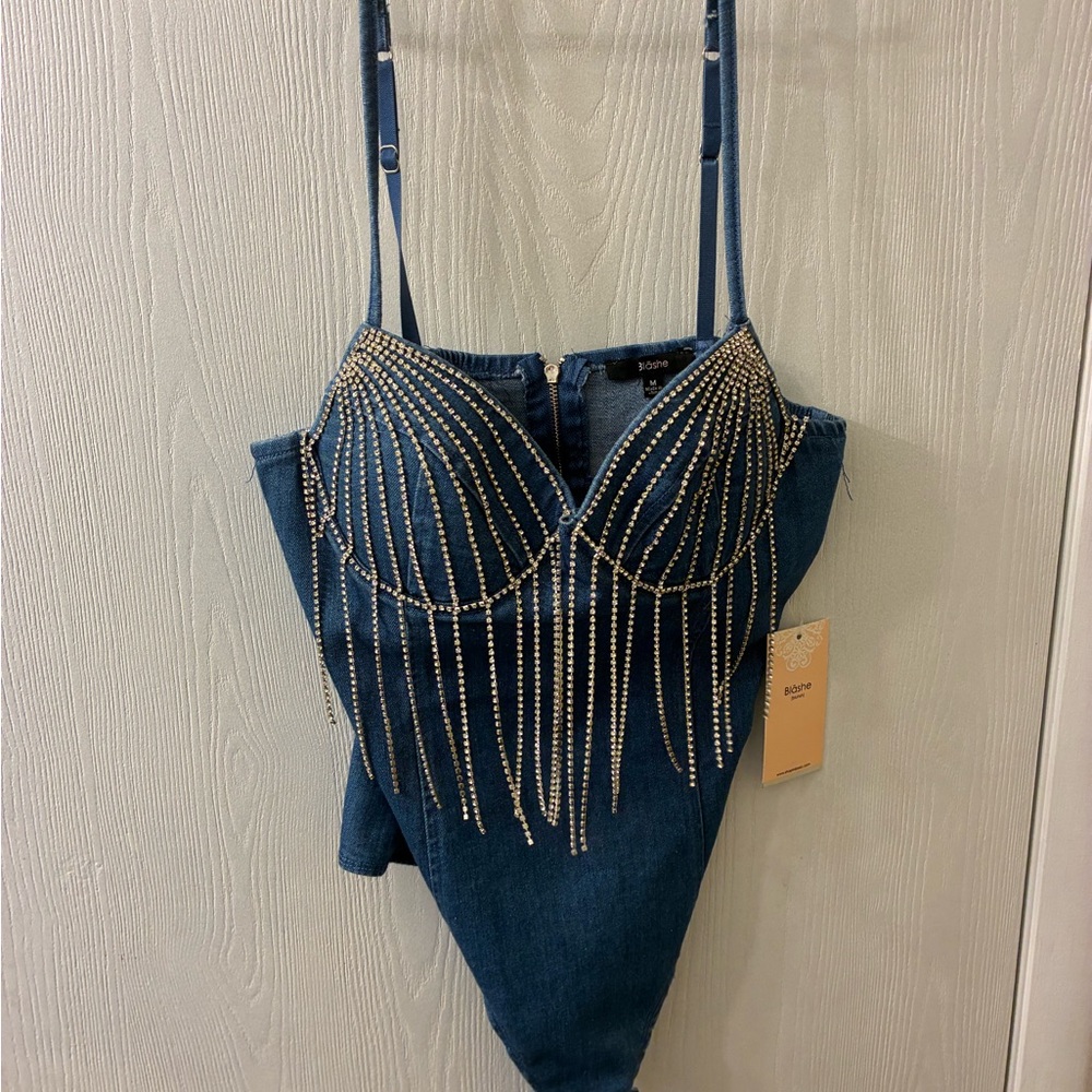 NWT Blashe Denim Rhinestone Corset Bodysuit Fringe Size M